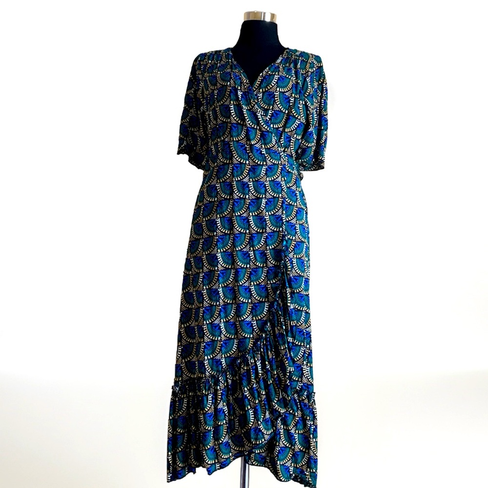 Blue Patterned Maxi Dress - Elegant Women's Wrap Style